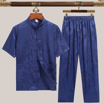 Pánske Tang oblečenie, etnická pletená košeľa z 90% polyesteru jacquard tkanina, pre mužov stredného veku na leto.