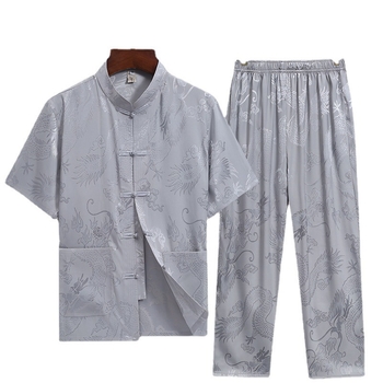 Pánske Tang oblečenie, etnická pletená košeľa z 90% polyesteru jacquard tkanina, pre mužov stredného veku na leto.