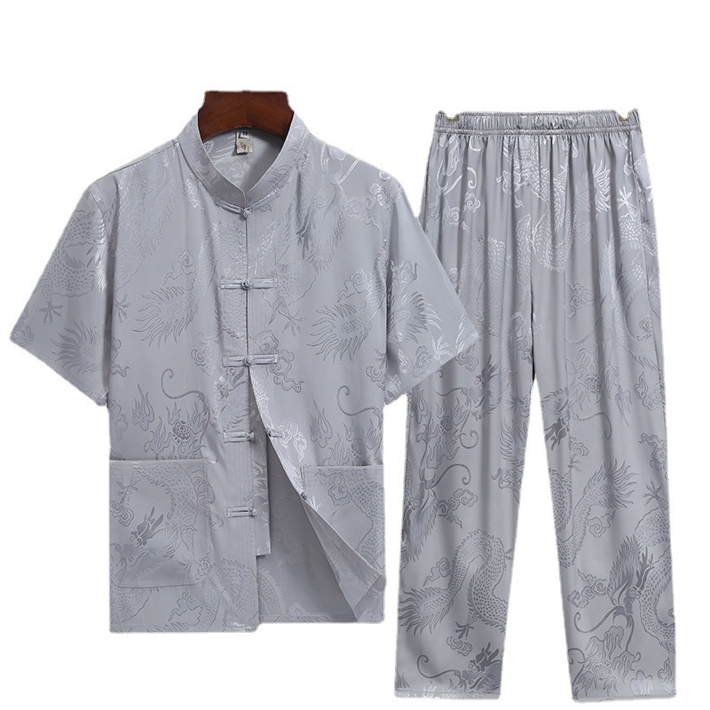 Pánske Tang oblečenie, etnická pletená košeľa z 90% polyesteru jacquard tkanina, pre mužov stredného veku na leto.