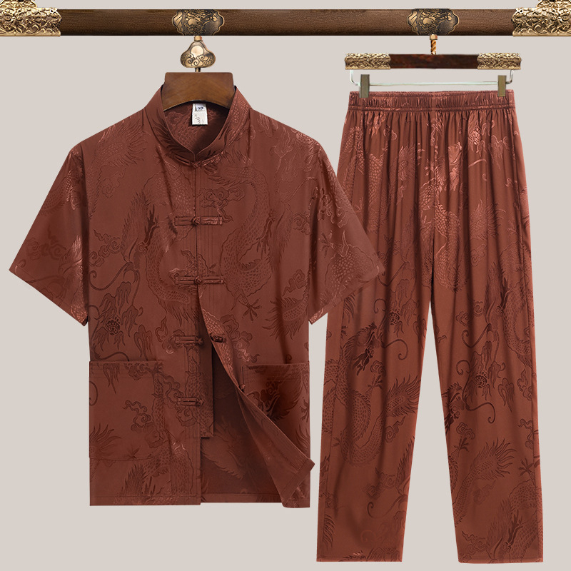 Pánske Tang oblečenie, etnická pletená košeľa z 90% polyesteru jacquard tkanina, pre mužov stredného veku na leto.