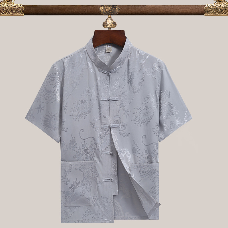 Pánske Tang oblečenie, etnická pletená košeľa z 90% polyesteru jacquard tkanina, pre mužov stredného veku na leto.