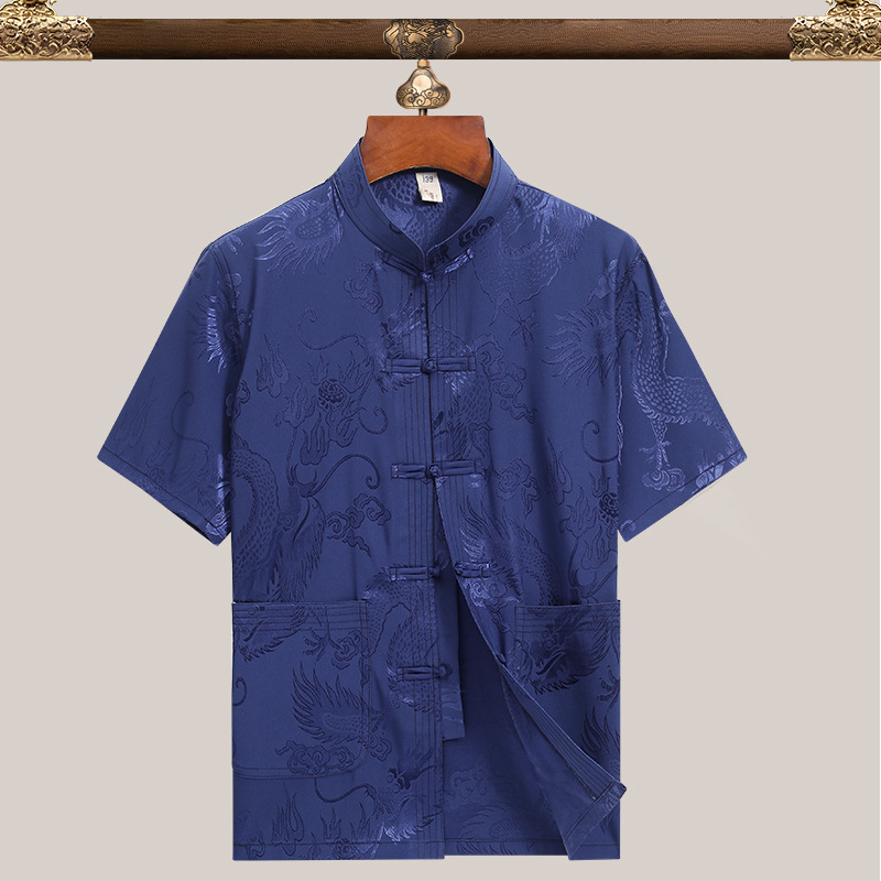 Pánske Tang oblečenie, etnická pletená košeľa z 90% polyesteru jacquard tkanina, pre mužov stredného veku na leto.