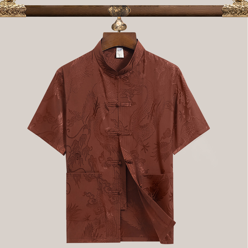 Pánske Tang oblečenie, etnická pletená košeľa z 90% polyesteru jacquard tkanina, pre mužov stredného veku na leto.