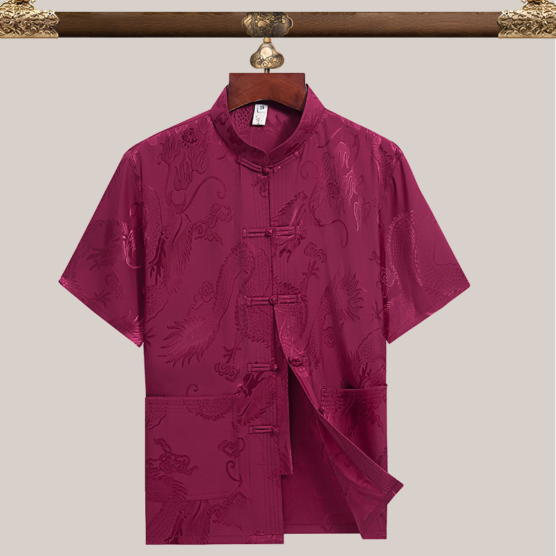 Pánske Tang oblečenie, etnická pletená košeľa z 90% polyesteru jacquard tkanina, pre mužov stredného veku na leto.