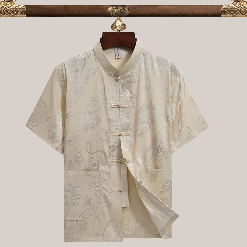 Pánske Tang oblečenie, etnická pletená košeľa z 90% polyesteru jacquard tkanina, pre mužov stredného veku na leto.