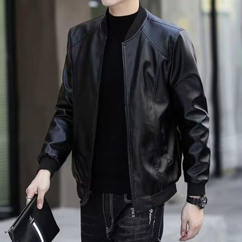 Ανδρικό δερμάτινο μπουφάν τύπου biker, κορεατικού στυλ, γνήσιο δέρμα, φερμουάρ, στενό κόψιμο