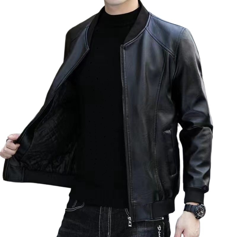 Ανδρικό δερμάτινο μπουφάν τύπου biker, κορεατικού στυλ, γνήσιο δέρμα, φερμουάρ, στενό κόψιμο