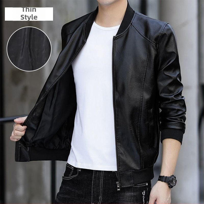 Ανδρικό δερμάτινο μπουφάν τύπου biker, κορεατικού στυλ, γνήσιο δέρμα, φερμουάρ, στενό κόψιμο