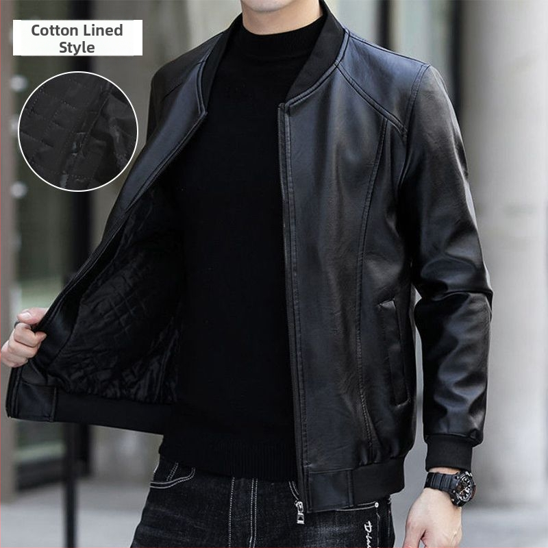 Ανδρικό δερμάτινο μπουφάν τύπου biker, κορεατικού στυλ, γνήσιο δέρμα, φερμουάρ, στενό κόψιμο