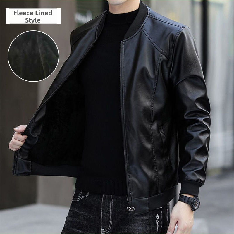 Ανδρικό δερμάτινο μπουφάν τύπου biker, κορεατικού στυλ, γνήσιο δέρμα, φερμουάρ, στενό κόψιμο