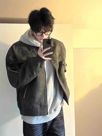 PU kožna bomber jakna s reverom, zatvarač na zip, širok kroj, otporna na vjetar