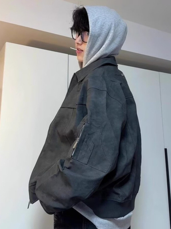 PU kožna bomber jakna s reverom, zatvarač na zip, širok kroj, otporna na vjetar