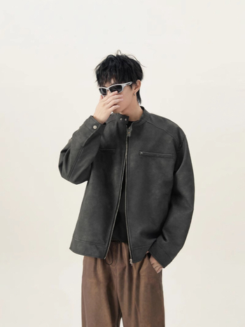 PU kožni bomber jakna (PU koža, retro stil, labav kroj, stojeći ovratnik, zip)