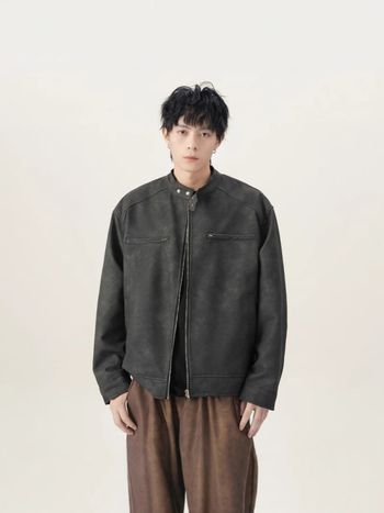 PU kožni bomber jakna (PU koža, retro stil, labav kroj, stojeći ovratnik, zip)