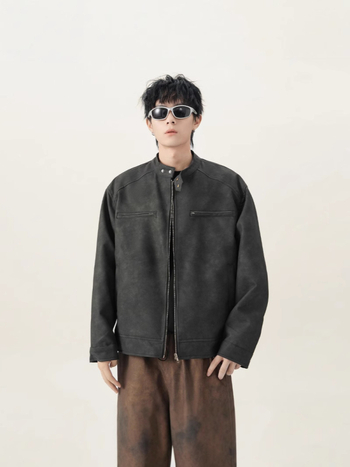 PU kožni bomber jakna (PU koža, retro stil, labav kroj, stojeći ovratnik, zip)