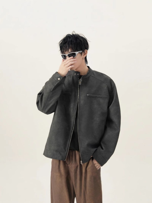 PU kožni bomber jakna (PU koža, retro stil, labav kroj, stojeći ovratnik, zip)
