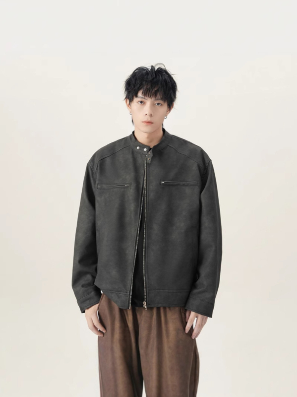 PU kožni bomber jakna (PU koža, retro stil, labav kroj, stojeći ovratnik, zip)