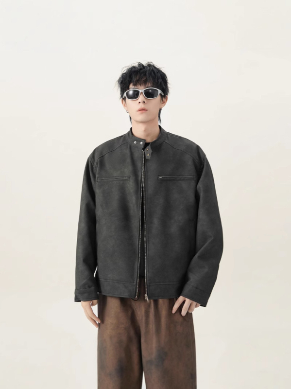 PU kožni bomber jakna (PU koža, retro stil, labav kroj, stojeći ovratnik, zip)