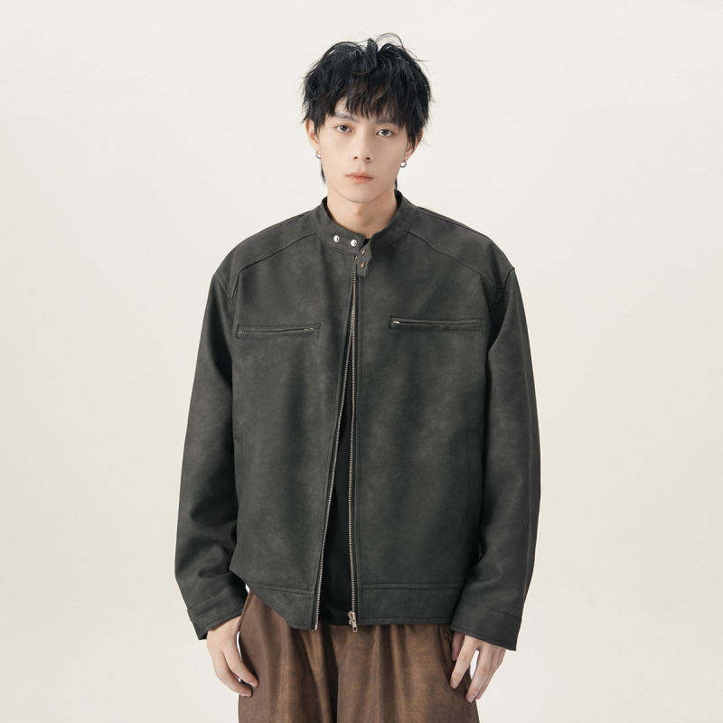 PU kožni bomber jakna (PU koža, retro stil, labav kroj, stojeći ovratnik, zip)