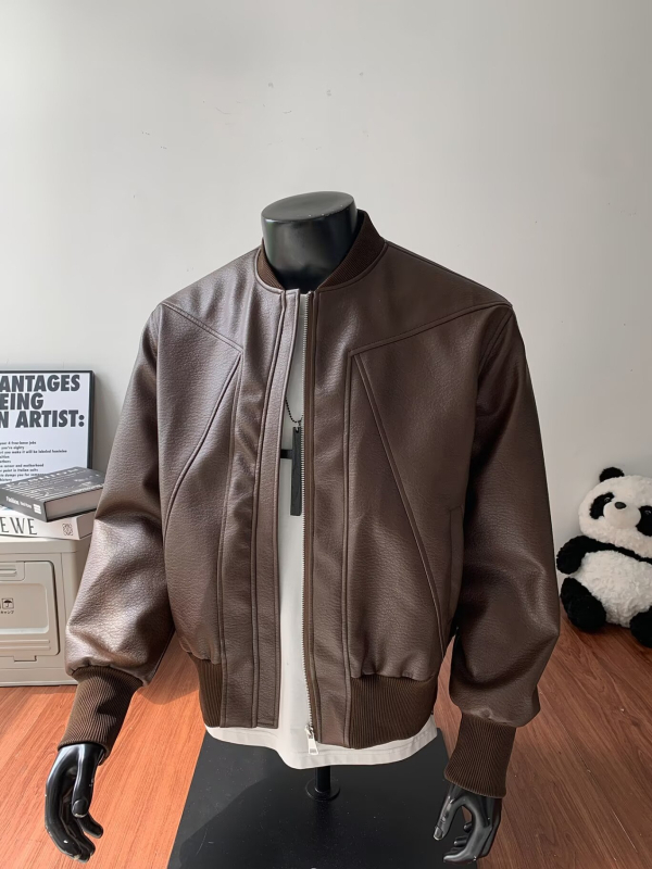 PU kožna jakna za motocikle, dekonstruirani vintage stil, napuknuta koža, bez ovratnika, zatvarač, poliester podsiva, prilagodljiv kroj
