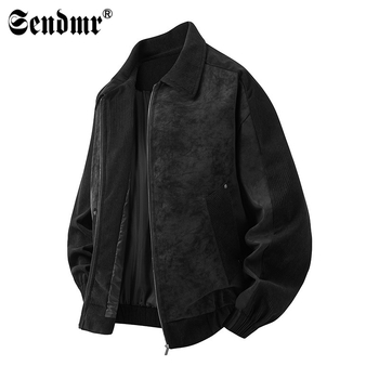 PU kožená bunda pre mužov, voľný strih, golier s reverom, zips, patchwork dizajn a bočné vrecká