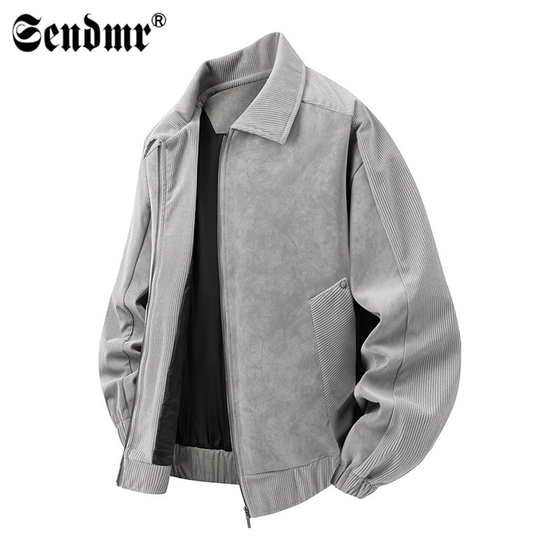 PU kožená bunda pre mužov, voľný strih, golier s reverom, zips, patchwork dizajn a bočné vrecká