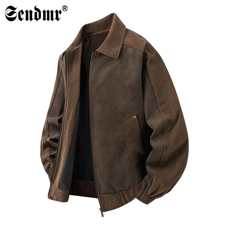 PU kožená bunda pre mužov, voľný strih, golier s reverom, zips, patchwork dizajn a bočné vrecká