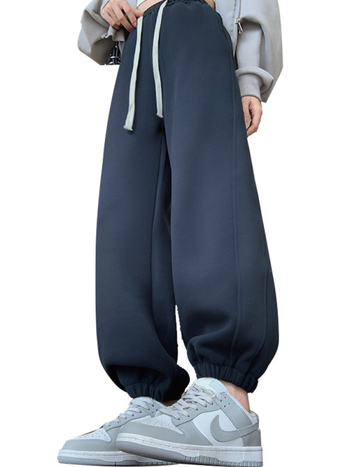 Dámske voľné jogger nohavice s vysokým pásom, fleece vnútorná vrstva, zmes polyestre-spandex, vetruodolné, japonko-kórejský casual štýl