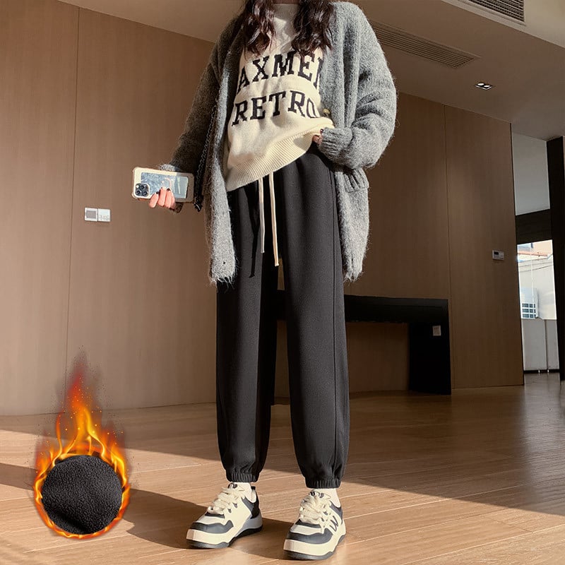Dámske voľné jogger nohavice s vysokým pásom, fleece vnútorná vrstva, zmes polyestre-spandex, vetruodolné, japonko-kórejský casual štýl