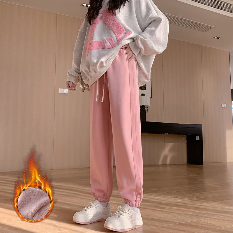 Dámske voľné jogger nohavice s vysokým pásom, fleece vnútorná vrstva, zmes polyestre-spandex, vetruodolné, japonko-kórejský casual štýl
