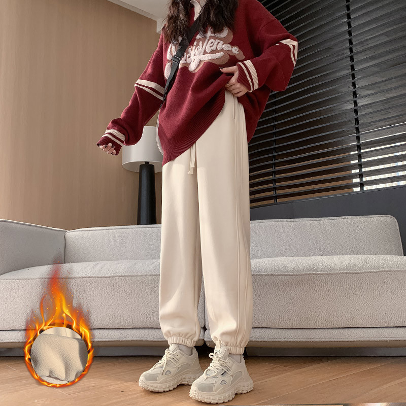 Dámske voľné jogger nohavice s vysokým pásom, fleece vnútorná vrstva, zmes polyestre-spandex, vetruodolné, japonko-kórejský casual štýl
