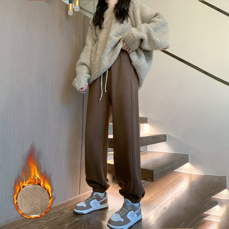Dámske voľné jogger nohavice s vysokým pásom, fleece vnútorná vrstva, zmes polyestre-spandex, vetruodolné, japonko-kórejský casual štýl