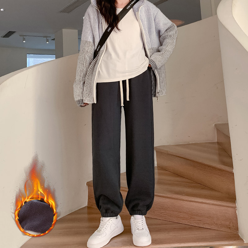 Dámske voľné jogger nohavice s vysokým pásom, fleece vnútorná vrstva, zmes polyestre-spandex, vetruodolné, japonko-kórejský casual štýl