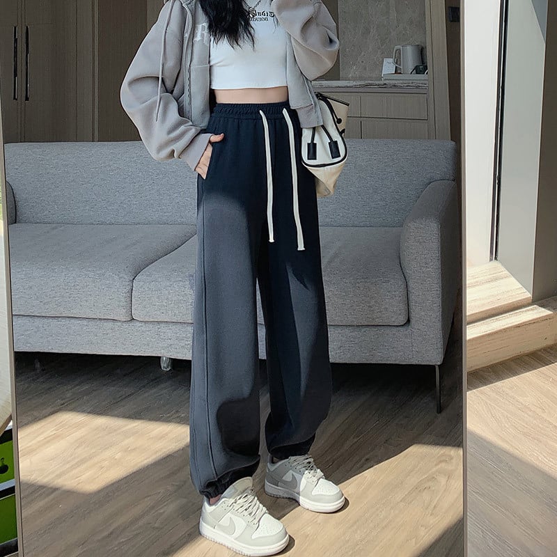 Dámske voľné jogger nohavice s vysokým pásom, fleece vnútorná vrstva, zmes polyestre-spandex, vetruodolné, japonko-kórejský casual štýl