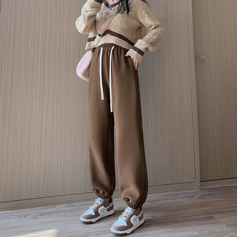 Dámske voľné jogger nohavice s vysokým pásom, fleece vnútorná vrstva, zmes polyestre-spandex, vetruodolné, japonko-kórejský casual štýl