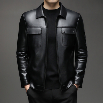 Pánska PU kožená bunda s golierom typu lapel, zapínanie na zips, stredná dĺžka, mestský zimný štýl, podšívka z polyesteru