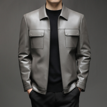Pánska PU kožená bunda s golierom typu lapel, zapínanie na zips, stredná dĺžka, mestský zimný štýl, podšívka z polyesteru