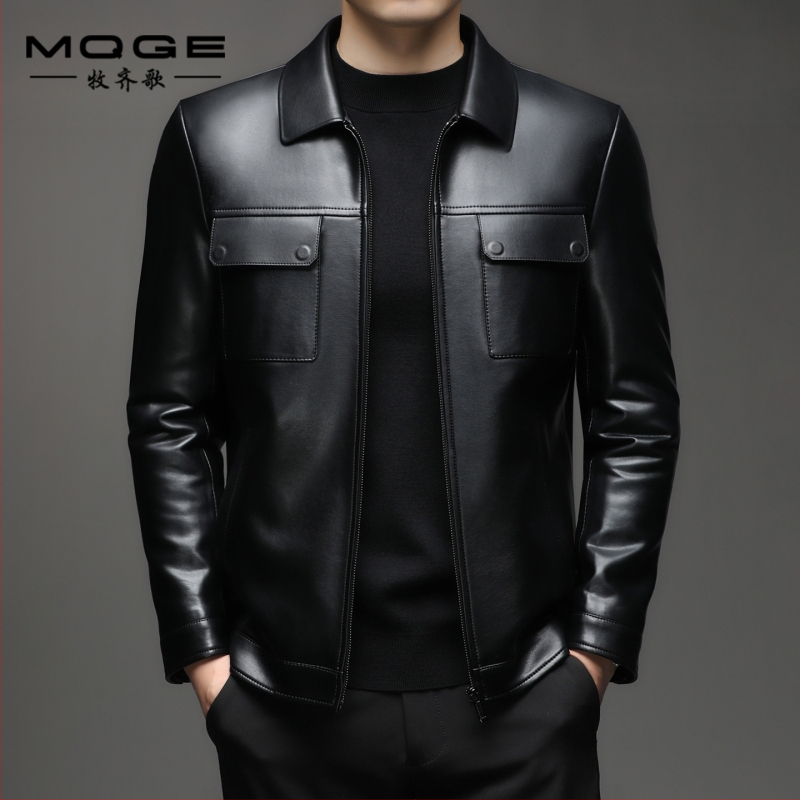 Pánska PU kožená bunda s golierom typu lapel, zapínanie na zips, stredná dĺžka, mestský zimný štýl, podšívka z polyesteru
