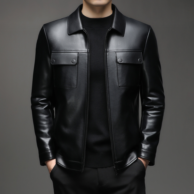 Pánska PU kožená bunda s golierom typu lapel, zapínanie na zips, stredná dĺžka, mestský zimný štýl, podšívka z polyesteru