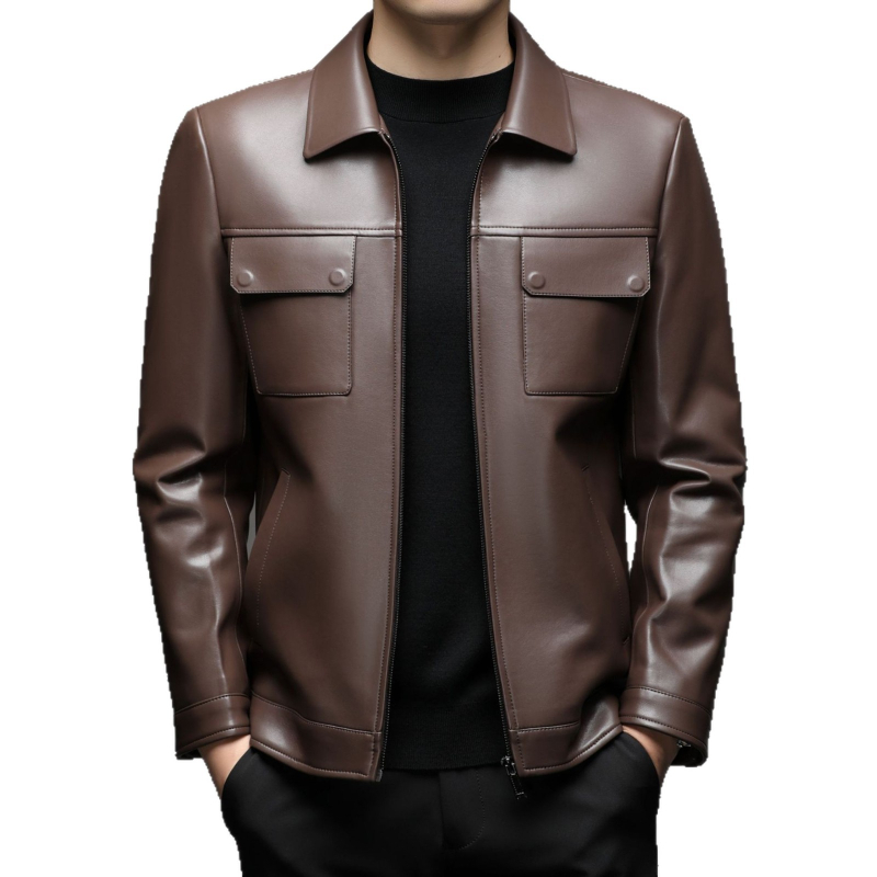Pánska PU kožená bunda s golierom typu lapel, zapínanie na zips, stredná dĺžka, mestský zimný štýl, podšívka z polyesteru
