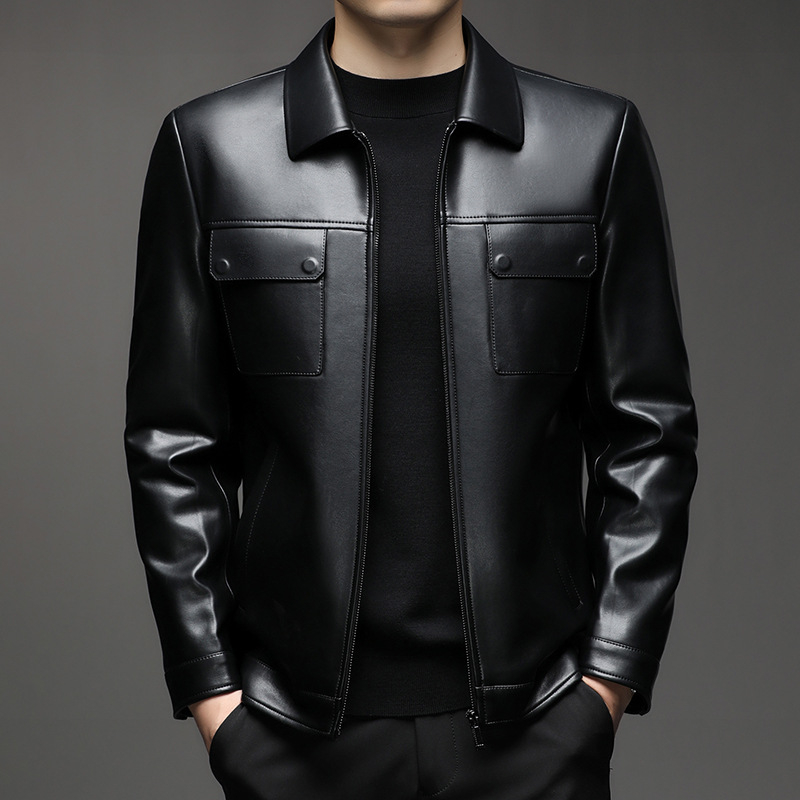 Pánska PU kožená bunda s golierom typu lapel, zapínanie na zips, stredná dĺžka, mestský zimný štýl, podšívka z polyesteru