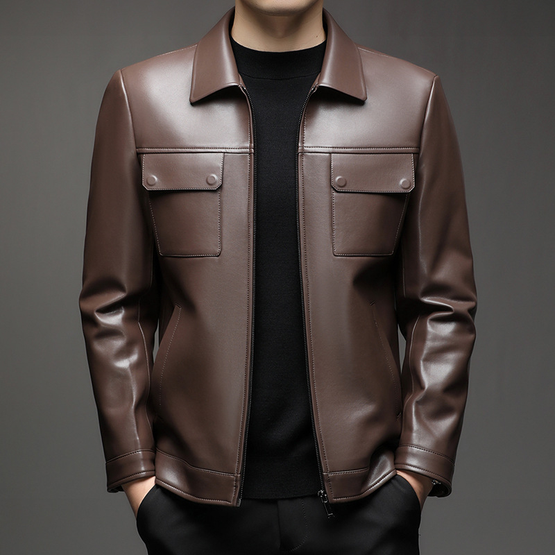 Pánska PU kožená bunda s golierom typu lapel, zapínanie na zips, stredná dĺžka, mestský zimný štýl, podšívka z polyesteru