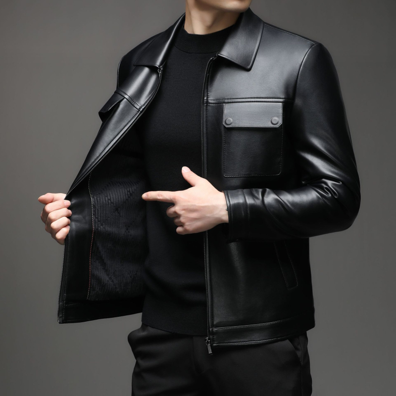 Pánska PU kožená bunda s golierom typu lapel, zapínanie na zips, stredná dĺžka, mestský zimný štýl, podšívka z polyesteru