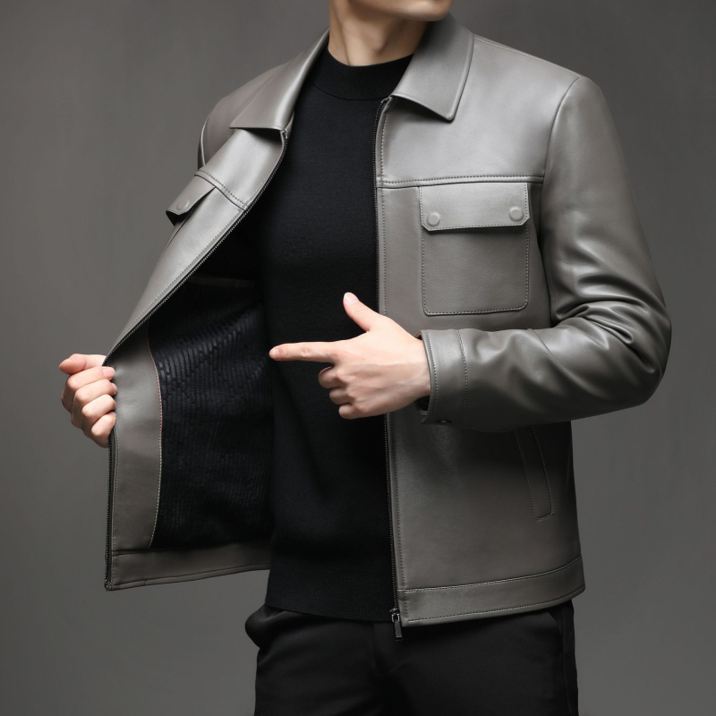 Pánska PU kožená bunda s golierom typu lapel, zapínanie na zips, stredná dĺžka, mestský zimný štýl, podšívka z polyesteru