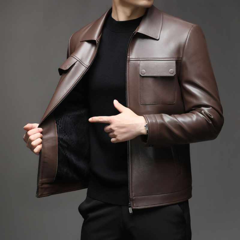 Pánska PU kožená bunda s golierom typu lapel, zapínanie na zips, stredná dĺžka, mestský zimný štýl, podšívka z polyesteru