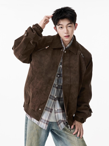 PU kožená bunda Harrington štýlu s turn-down golierom, zipsom, bočnými vreckami, polyesterovou podšívkou, retro dizajn