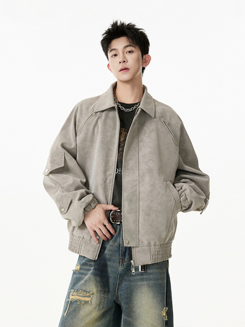 PU kožená bunda Harrington štýlu s turn-down golierom, zipsom, bočnými vreckami, polyesterovou podšívkou, retro dizajn