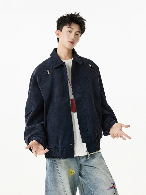 PU kožená bunda Harrington štýlu s turn-down golierom, zipsom, bočnými vreckami, polyesterovou podšívkou, retro dizajn