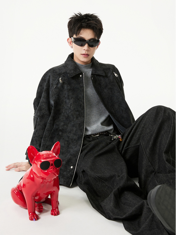 PU kožená bunda Harrington štýlu s turn-down golierom, zipsom, bočnými vreckami, polyesterovou podšívkou, retro dizajn