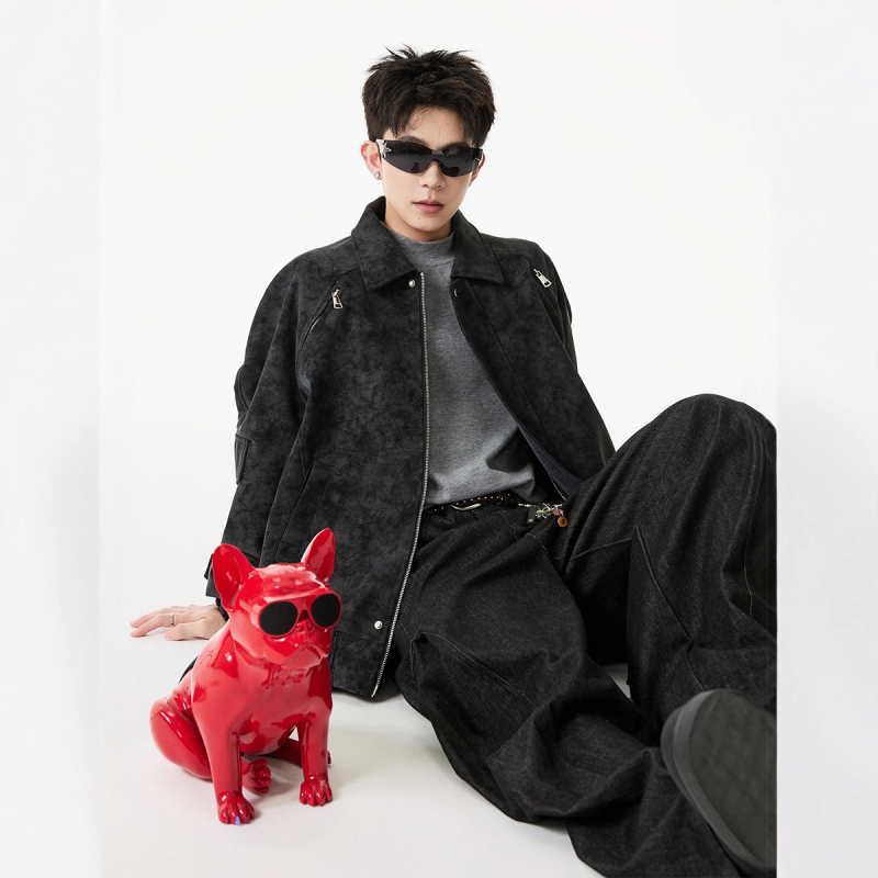 PU kožená bunda Harrington štýlu s turn-down golierom, zipsom, bočnými vreckami, polyesterovou podšívkou, retro dizajn